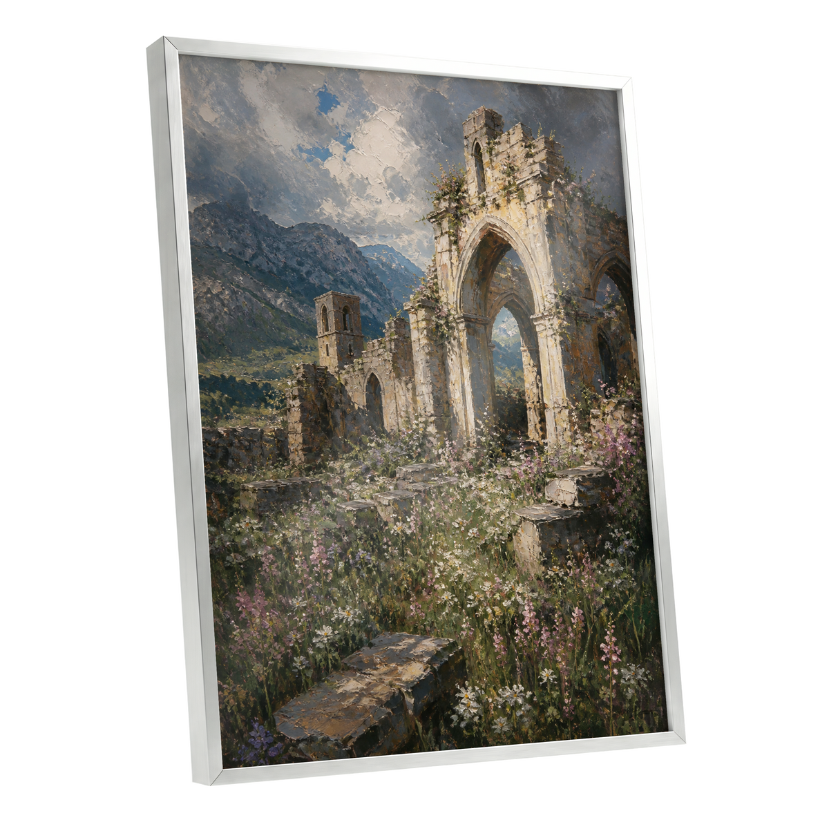 Wildflower Abbey, green, beige, gray nature wall art shown as a silver framed poster wall art print