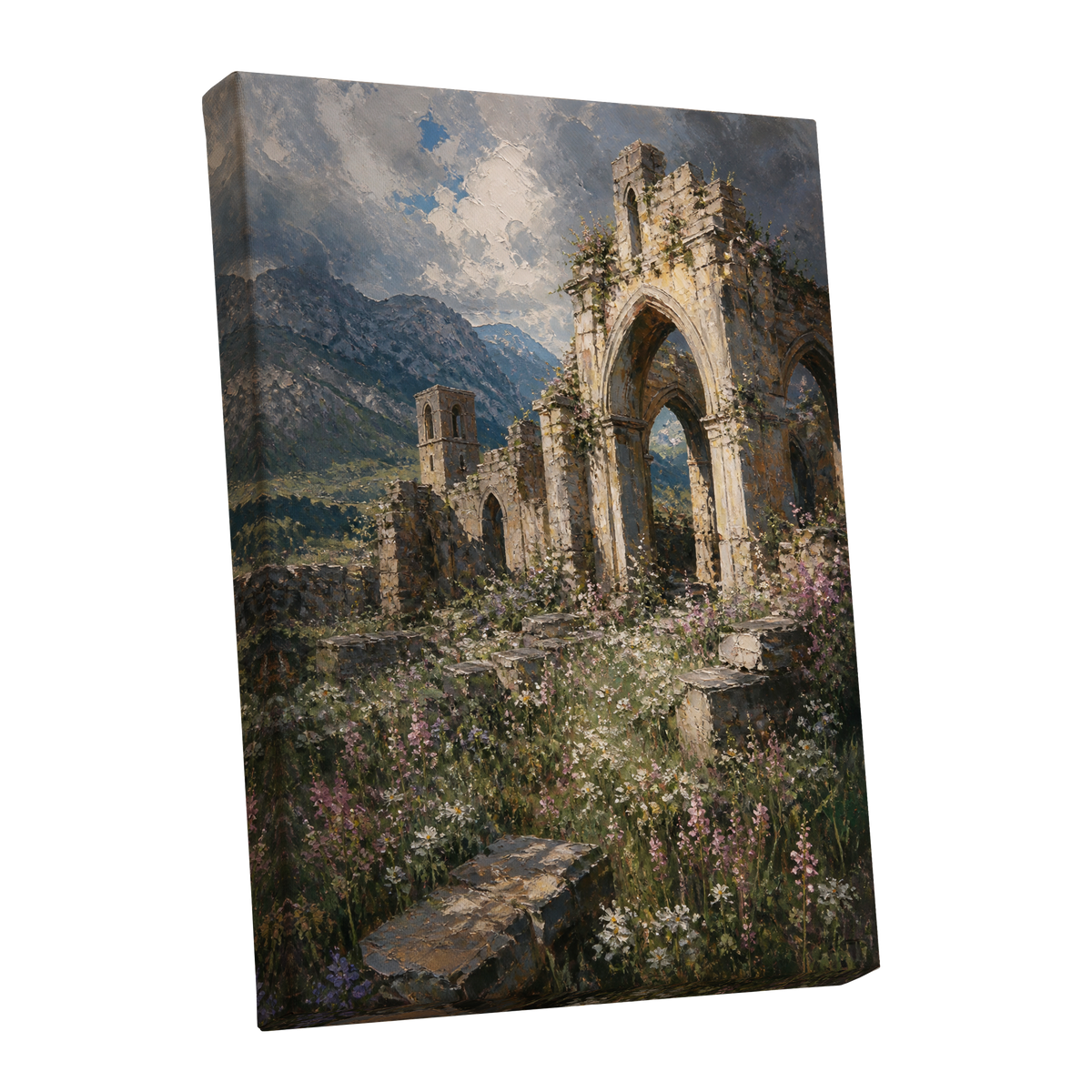 Wildflower Abbey, green, beige, gray nature wall art shown as a stretched canvas wall art