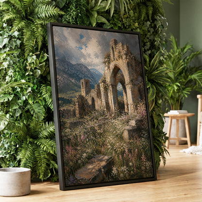 Wildflower Abbey, green, beige, gray nature wall art displayed in a styled interior, gallery view 1