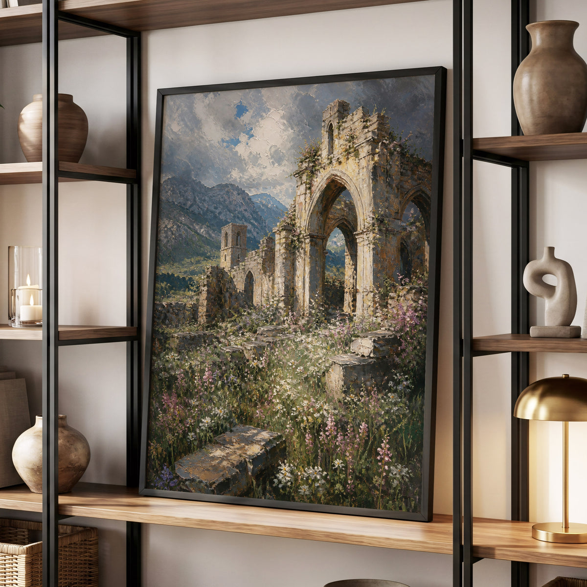 Wildflower Abbey, green, beige, gray nature wall art displayed in a styled interior, gallery view 4