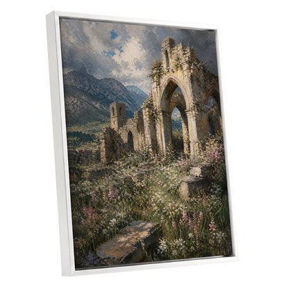 Wildflower Abbey, green, beige, gray nature wall art shown as a white framed canvas wall art