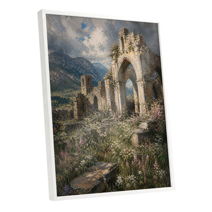 Wildflower Abbey, green, beige, gray nature wall art shown as a white framed poster wall art print