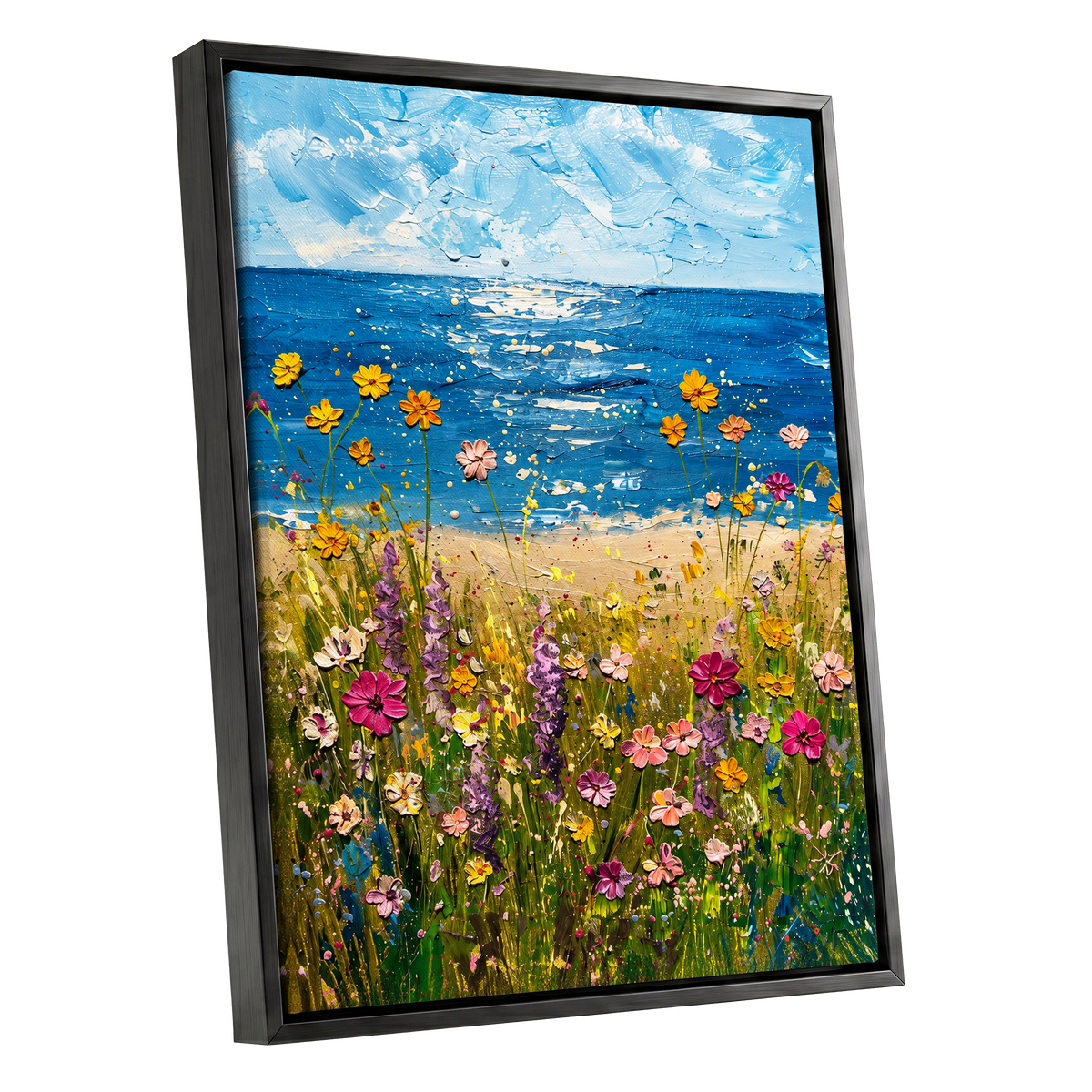 Wildflower Tide, blue, green, yellow floral wall art shown as a black framed canvas wall art