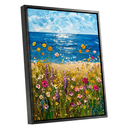 Wildflower Tide, blue, green, yellow floral wall art shown as a black framed canvas wall art