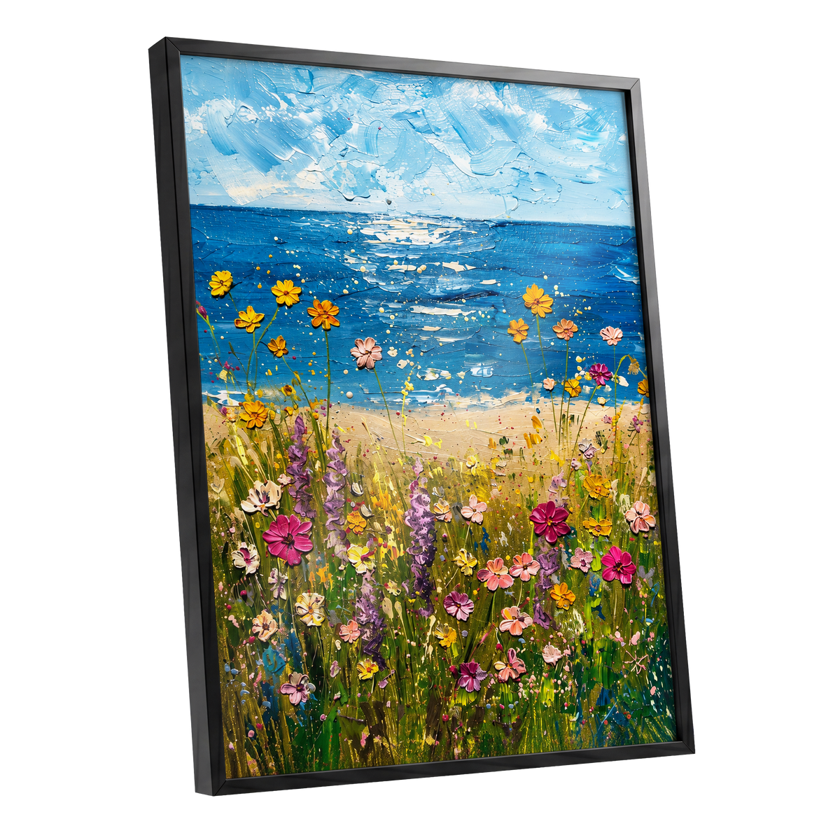 Wildflower Tide, blue, green, yellow floral wall art shown as a black framed poster wall art print
