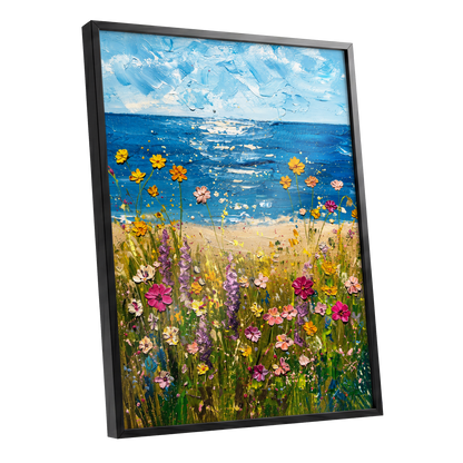 Wildflower Tide, blue, green, yellow floral wall art shown as a black framed poster wall art print