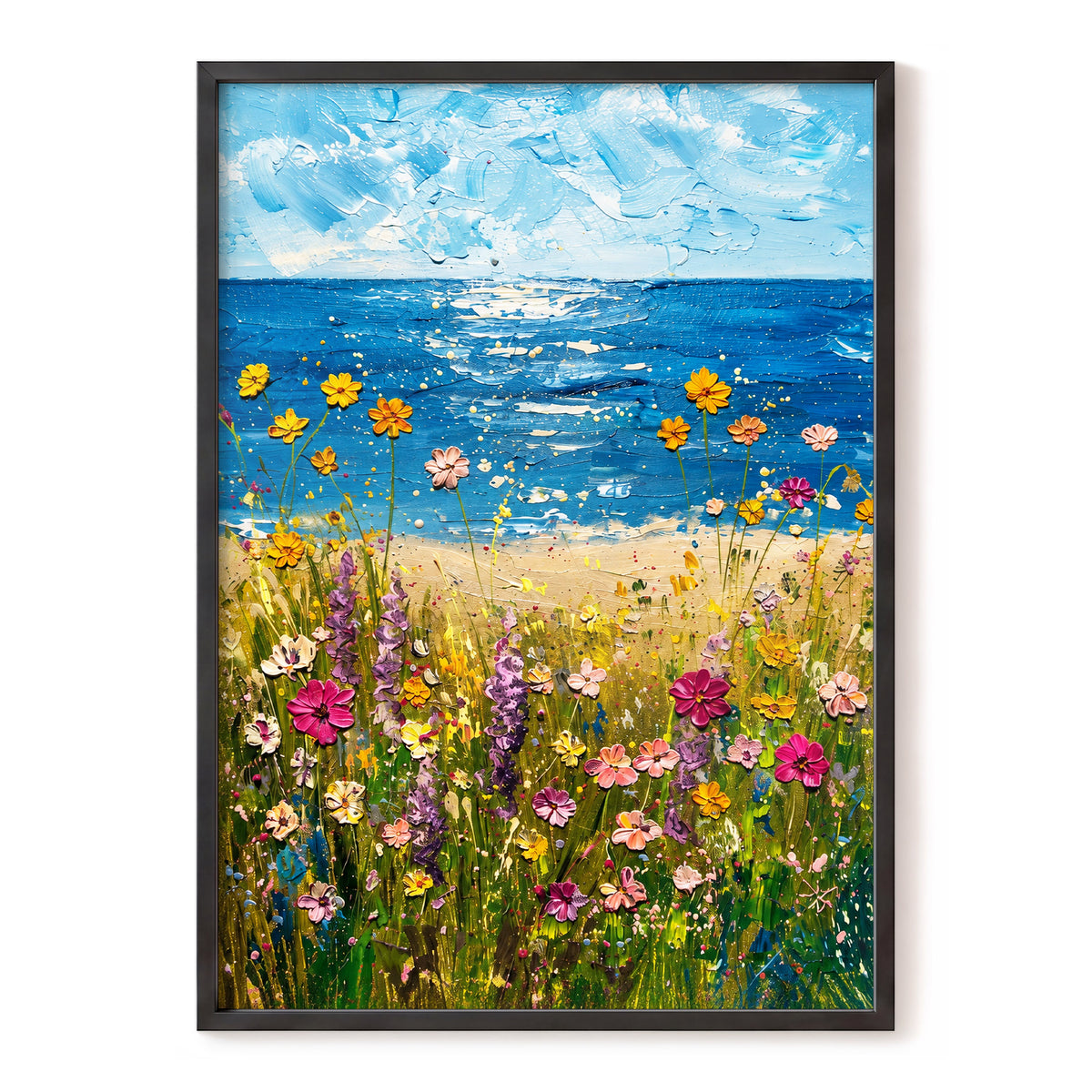 Wildflower Tide, blue, green, yellow floral wall art, front artwork view