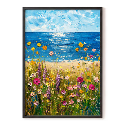 Wildflower Tide, blue, green, yellow floral wall art, front artwork view
