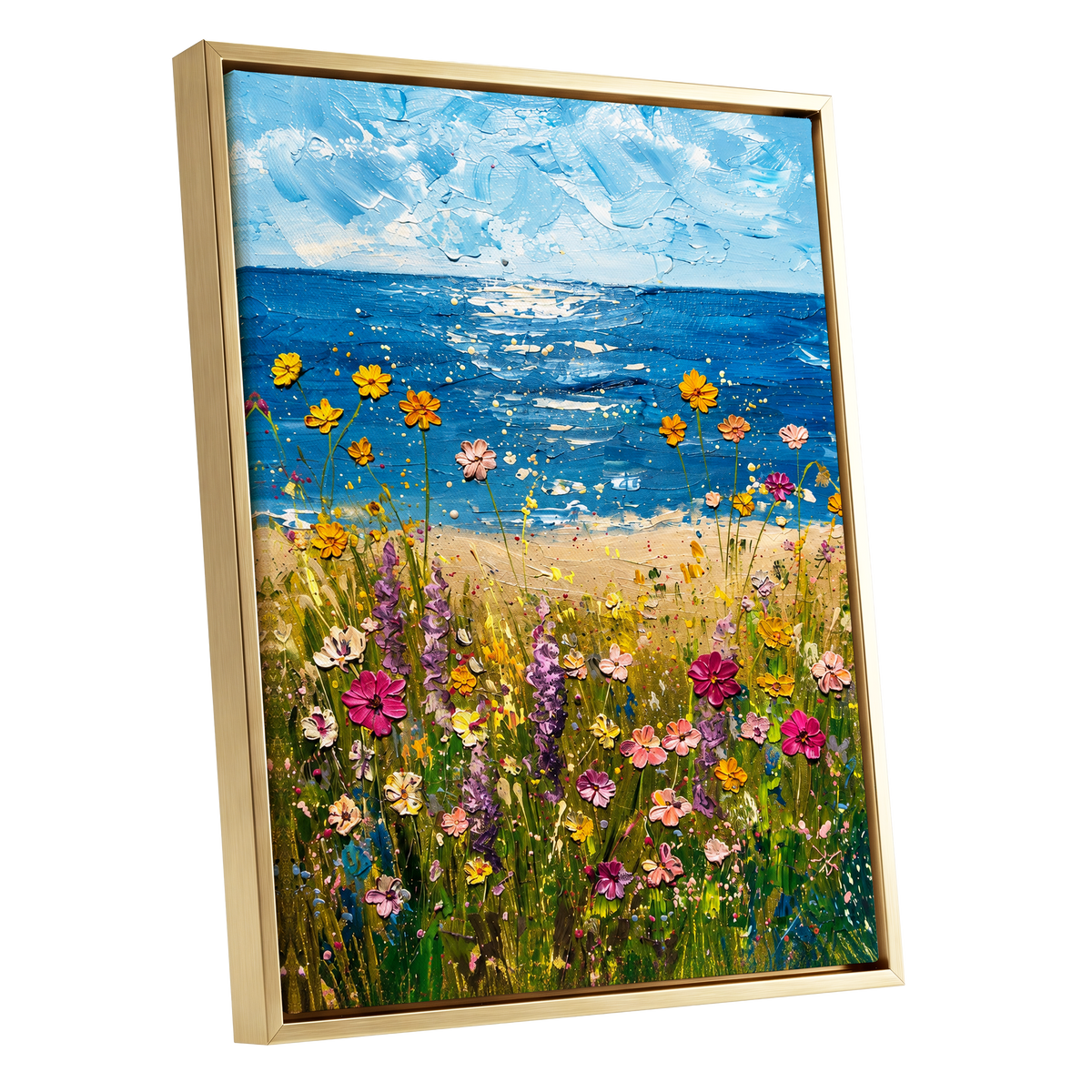 Wildflower Tide, blue, green, yellow floral wall art shown as a gold framed canvas wall art