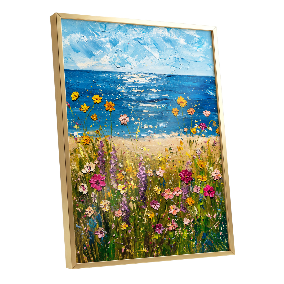 Wildflower Tide, blue, green, yellow floral wall art shown as a gold framed poster wall art print