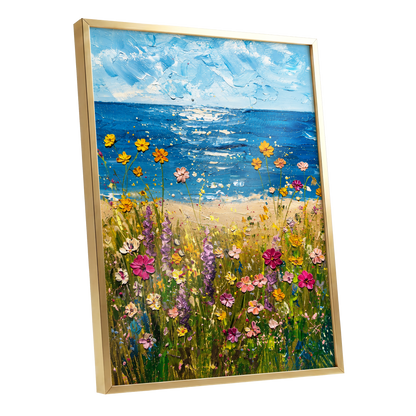 Wildflower Tide, blue, green, yellow floral wall art shown as a gold framed poster wall art print