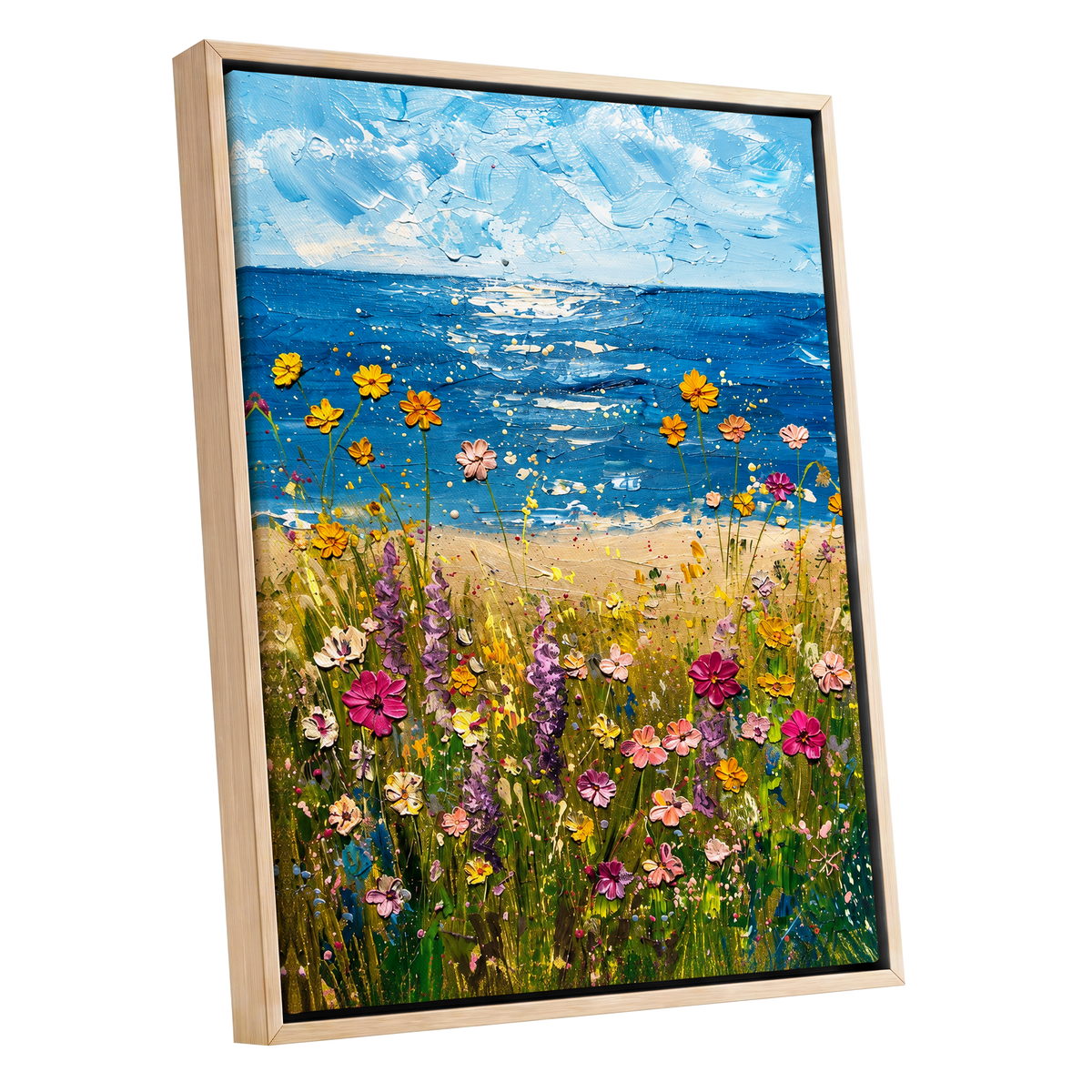 Wildflower Tide, blue, green, yellow floral wall art shown as a oak framed canvas wall art