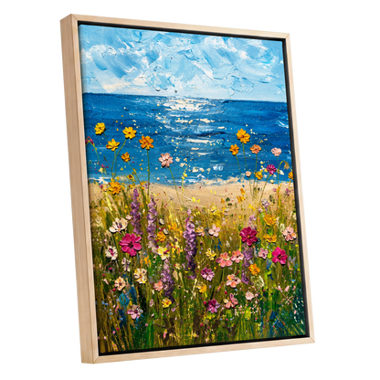 Wildflower Tide, blue, green, yellow floral wall art shown as a oak framed canvas wall art