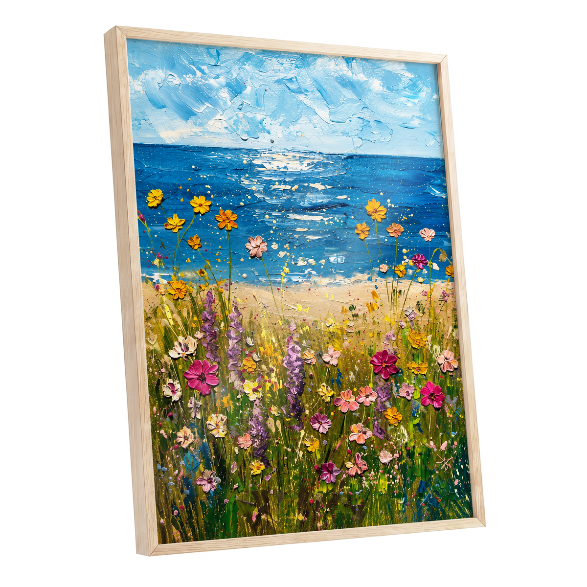 Wildflower Tide, blue, green, yellow floral wall art shown as a oak framed poster wall art print