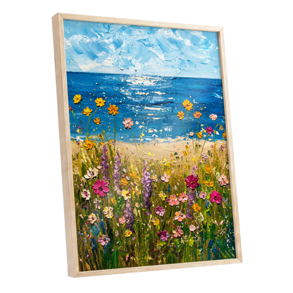 Wildflower Tide, blue, green, yellow floral wall art shown as a oak framed poster wall art print