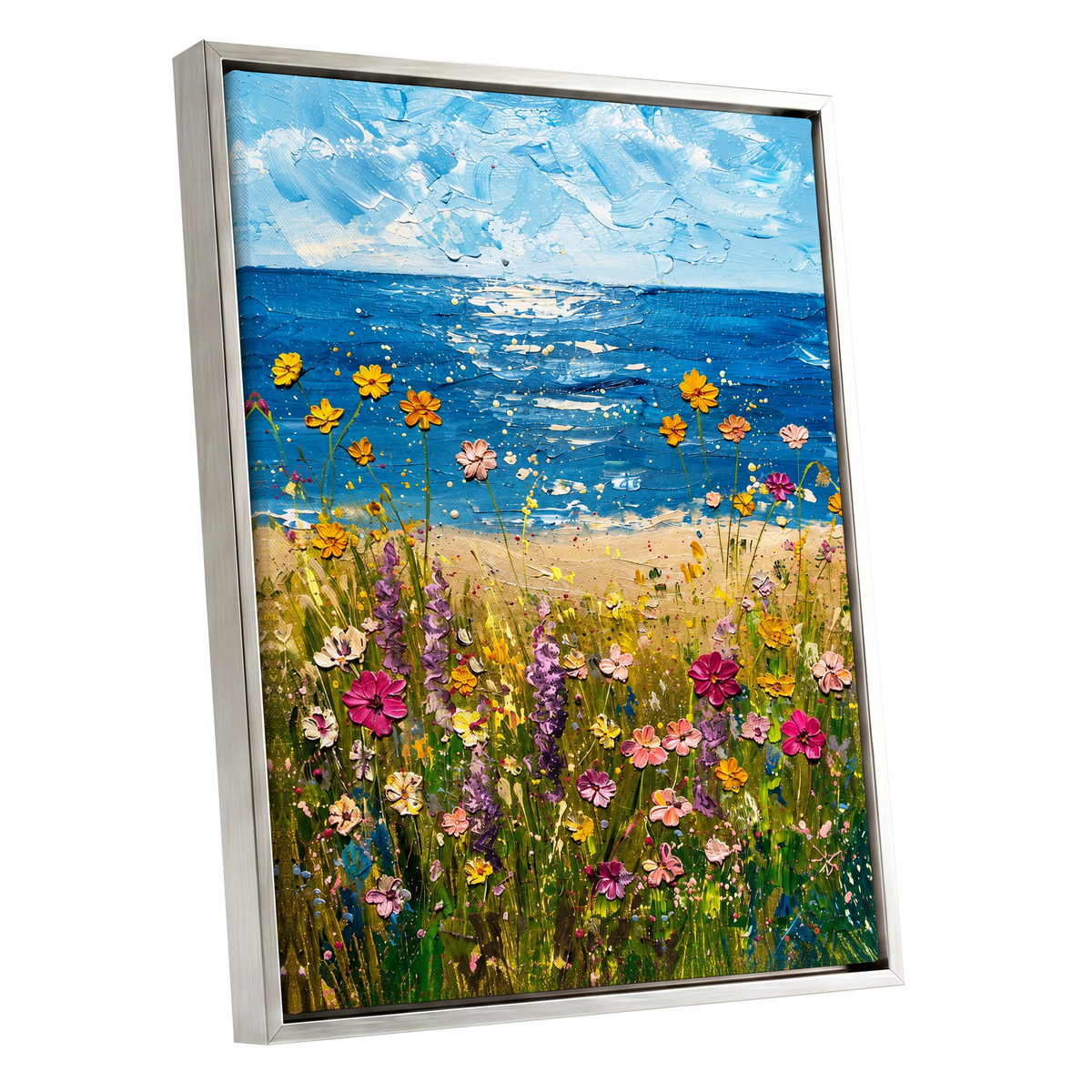 Wildflower Tide, blue, green, yellow floral wall art shown as a silver framed canvas wall art