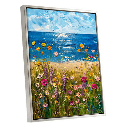 Wildflower Tide, blue, green, yellow floral wall art shown as a silver framed canvas wall art