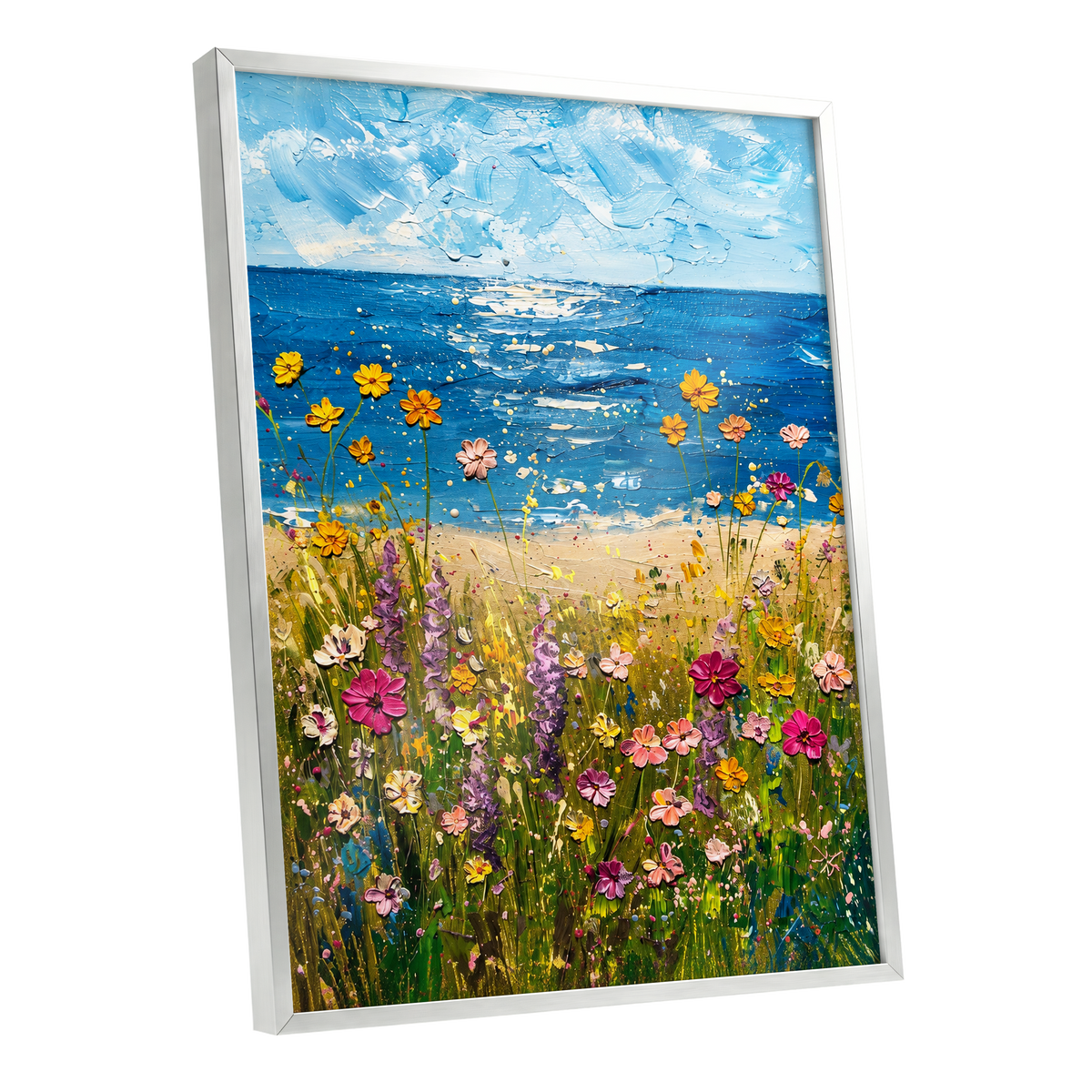 Wildflower Tide, blue, green, yellow floral wall art shown as a silver framed poster wall art print