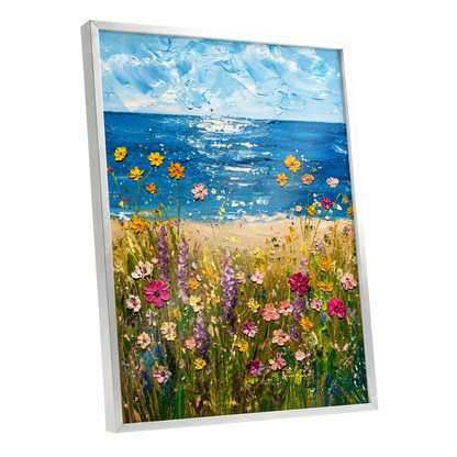 Wildflower Tide, blue, green, yellow floral wall art shown as a silver framed poster wall art print