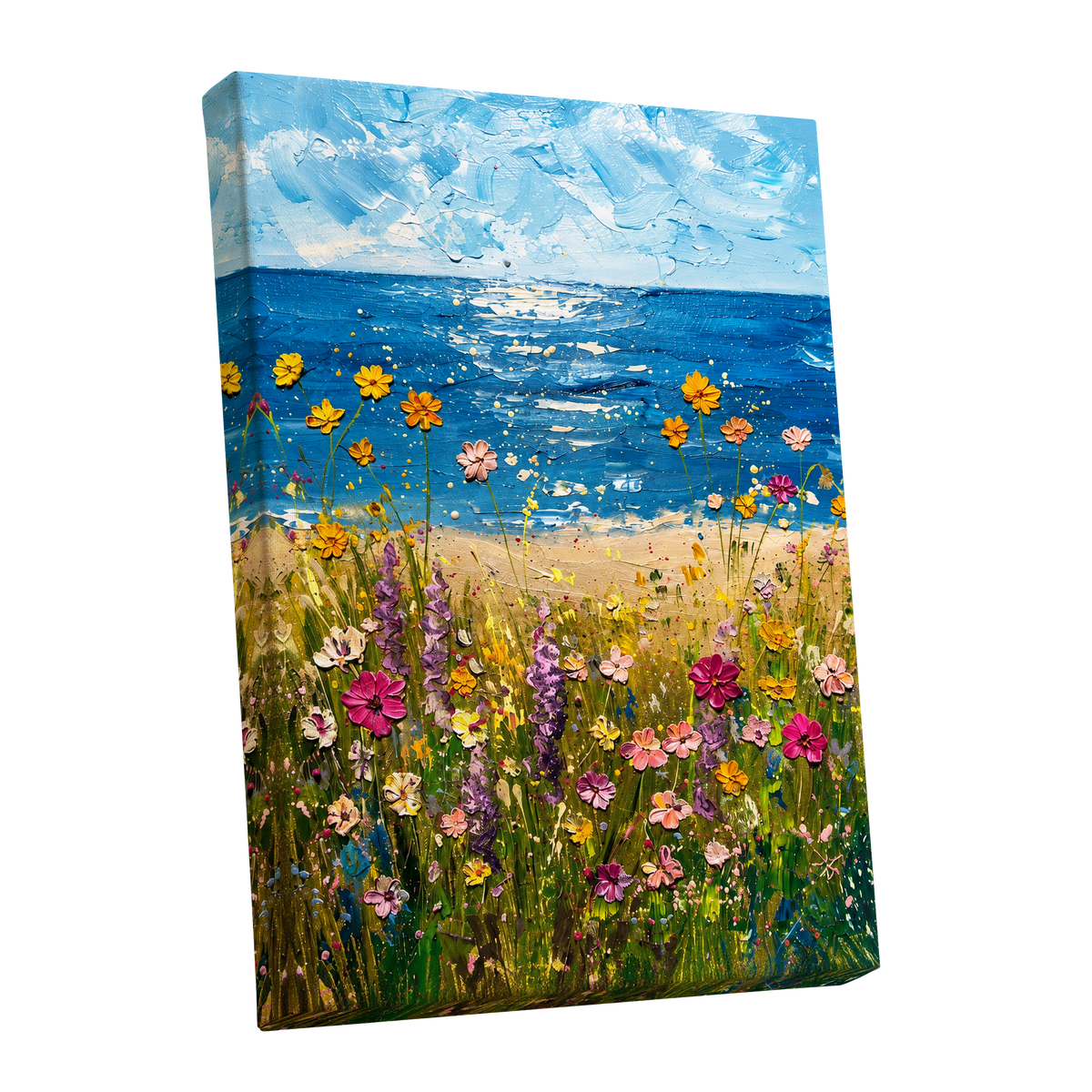 Wildflower Tide, blue, green, yellow floral wall art shown as a stretched canvas wall art