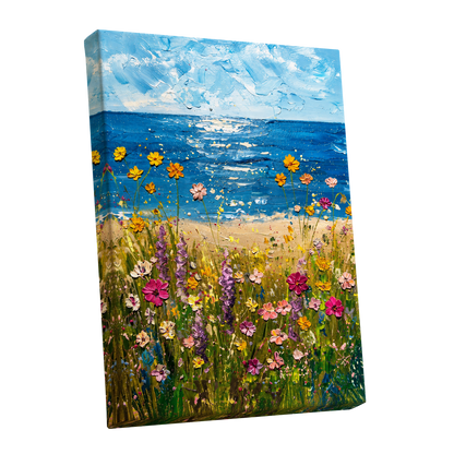 Wildflower Tide, blue, green, yellow floral wall art shown as a stretched canvas wall art