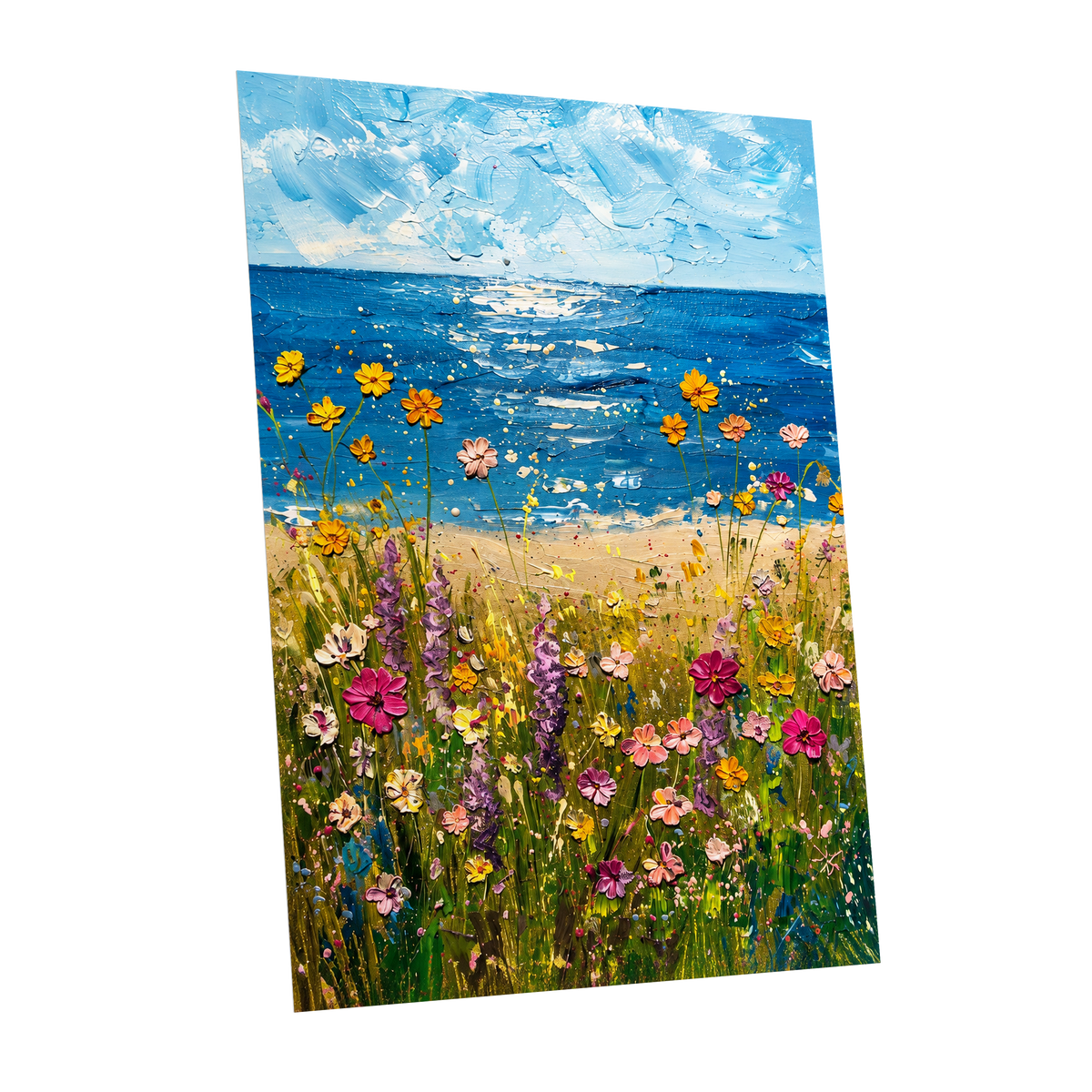 Wildflower Tide, blue, green, yellow floral wall art shown as a unframed poster wall art print