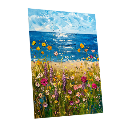 Wildflower Tide, blue, green, yellow floral wall art shown as a unframed poster wall art print