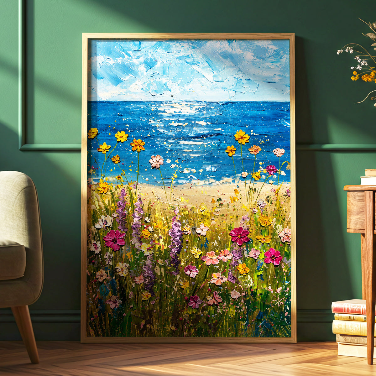 Wildflower Tide, blue, green, yellow floral wall art displayed in a styled interior, gallery view 2
