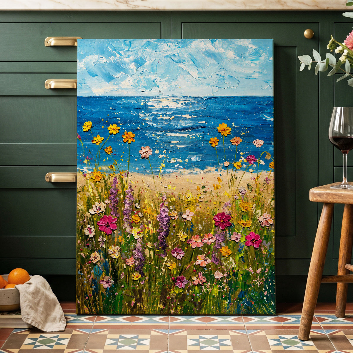 Wildflower Tide, blue, green, yellow floral wall art displayed in a styled interior, gallery view 3