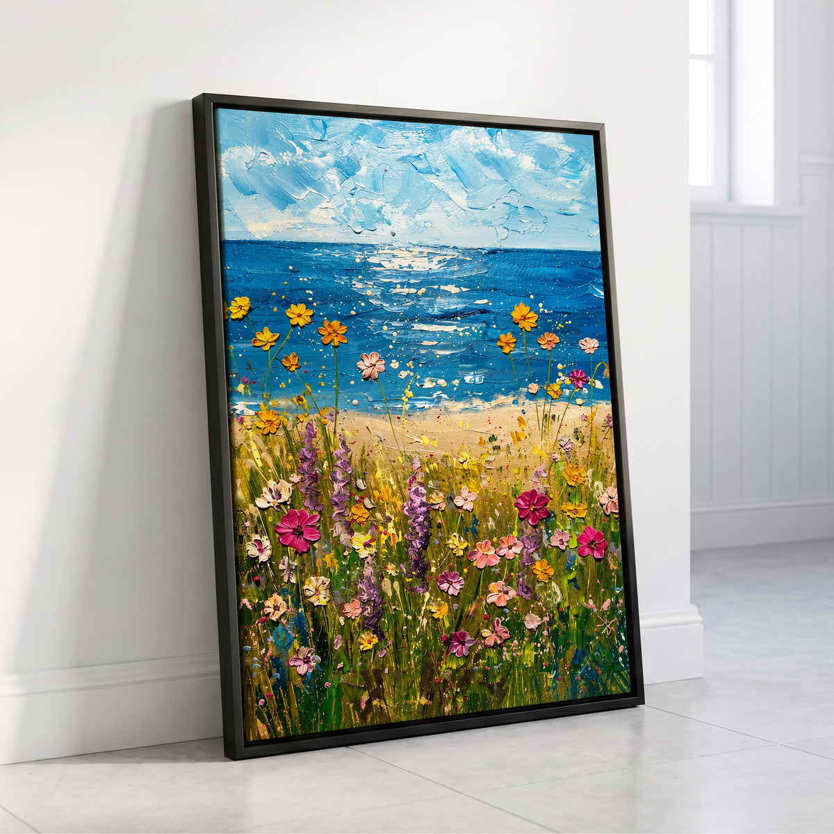 Wildflower Tide, blue, green, yellow floral wall art displayed in a styled interior, gallery view 4