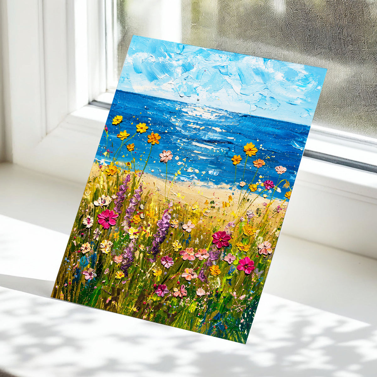 Wildflower Tide, blue, green, yellow floral wall art displayed in a styled interior, gallery view 5