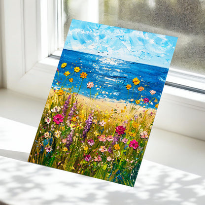 Wildflower Tide, blue, green, yellow floral wall art displayed in a styled interior, gallery view 5