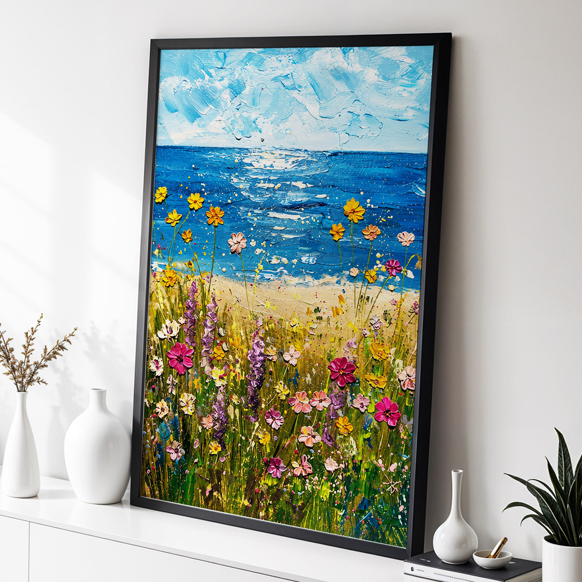 Wildflower Tide, blue, green, yellow floral wall art displayed in a styled interior, gallery view 6