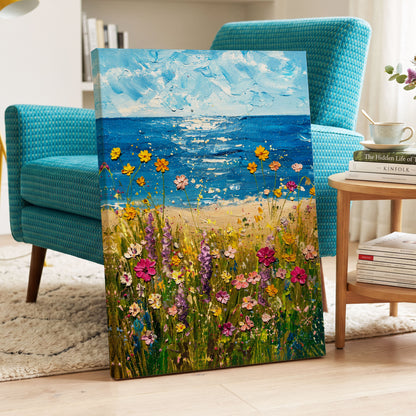 Wildflower Tide, blue, green, yellow floral wall art displayed in a styled interior, gallery view 7