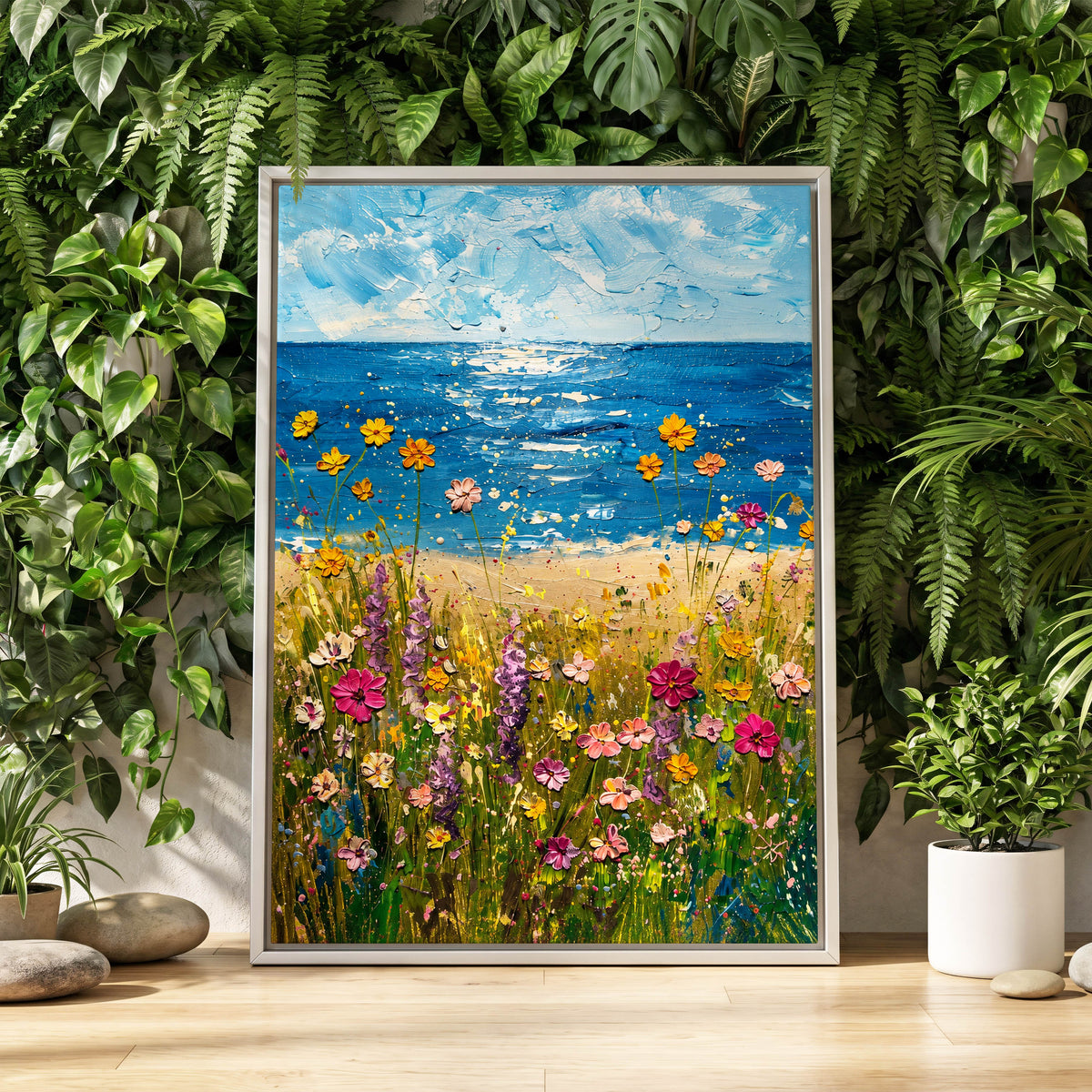 Wildflower Tide, blue, green, yellow floral wall art displayed in a styled interior, gallery view 8