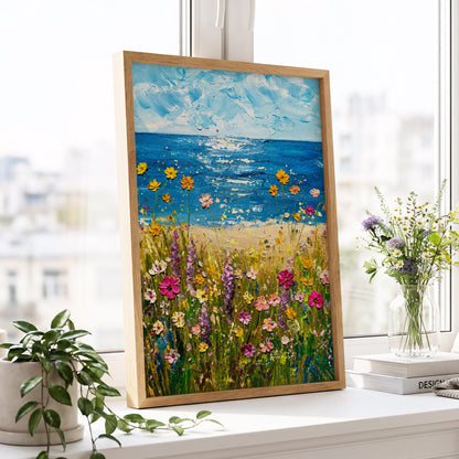 Wildflower Tide, blue, green, yellow floral wall art displayed in a styled interior, gallery view 9