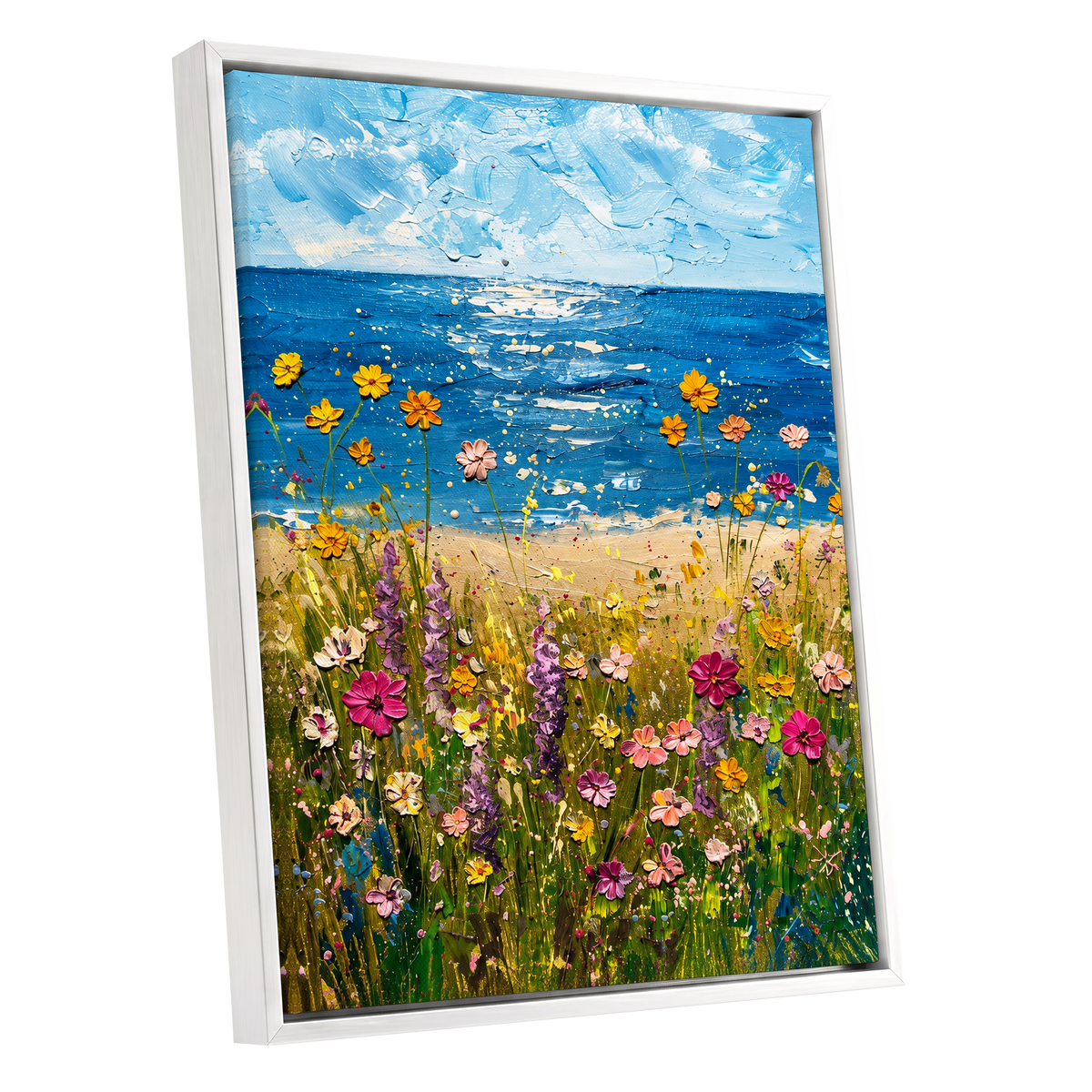 Wildflower Tide, blue, green, yellow floral wall art shown as a white framed canvas wall art