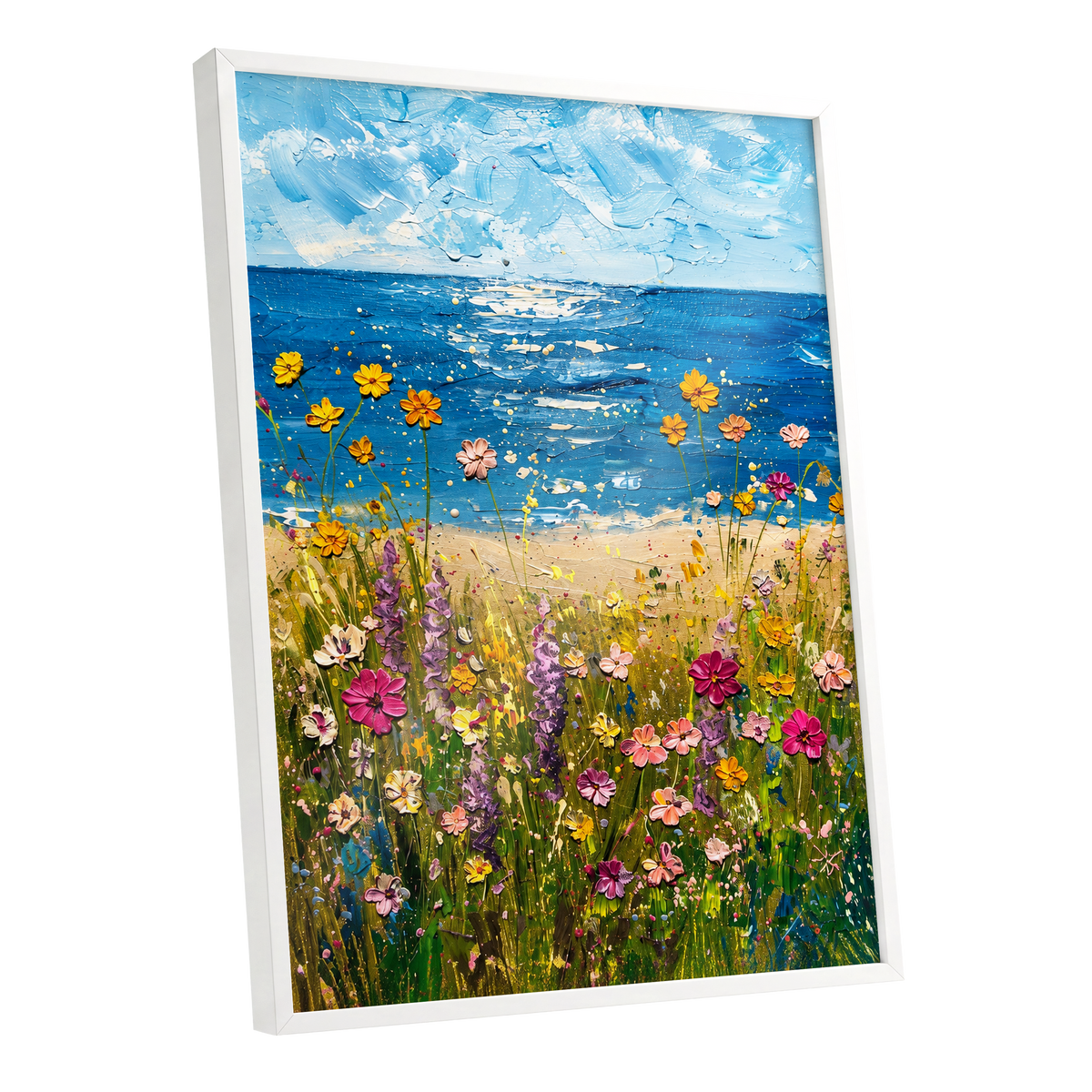 Wildflower Tide, blue, green, yellow floral wall art shown as a white framed poster wall art print