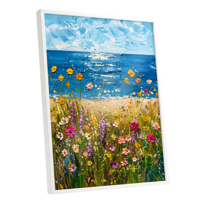 Wildflower Tide, blue, green, yellow floral wall art shown as a white framed poster wall art print