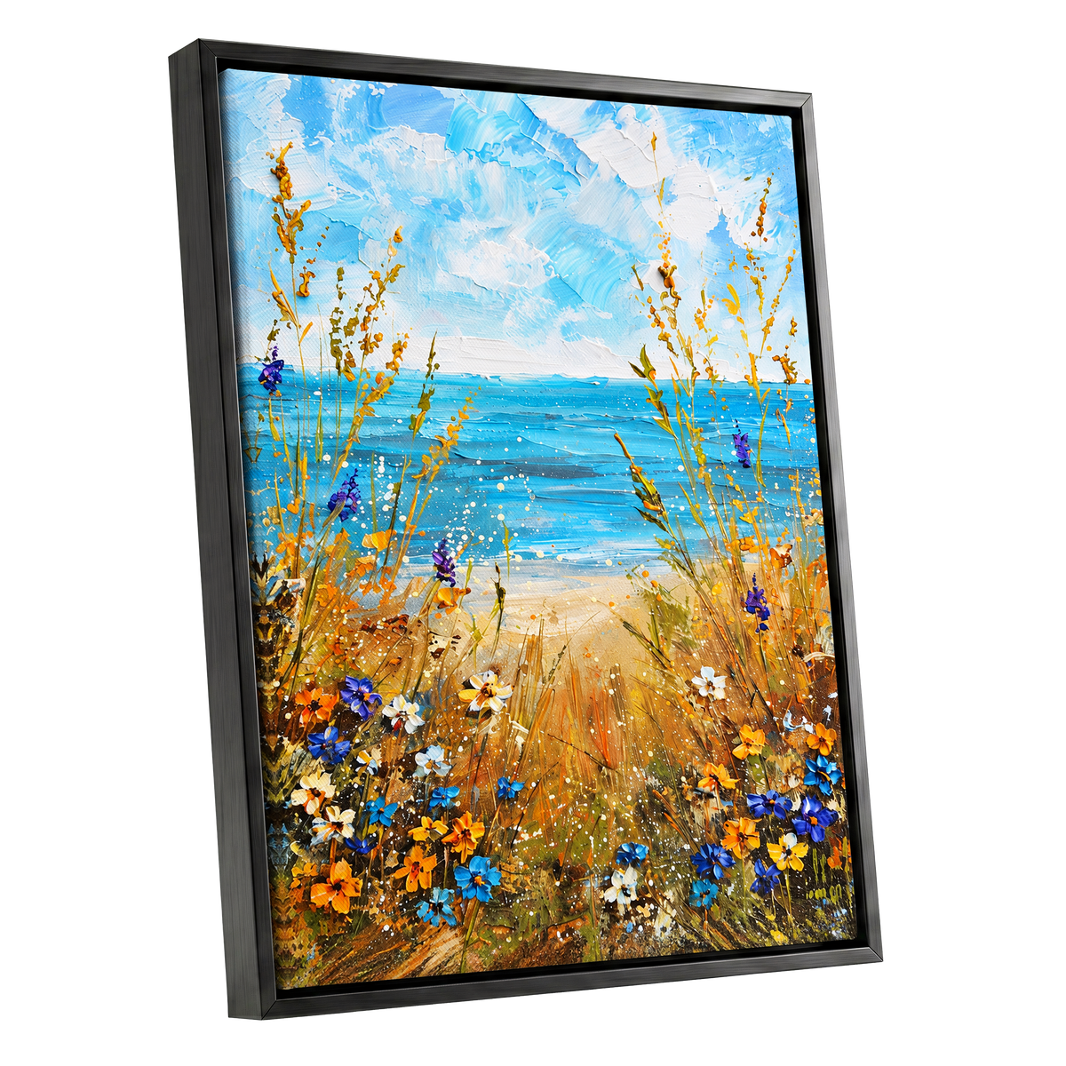 Wildflowers by the Tide, blue, gold, orange nature wall art shown as a black framed canvas wall art