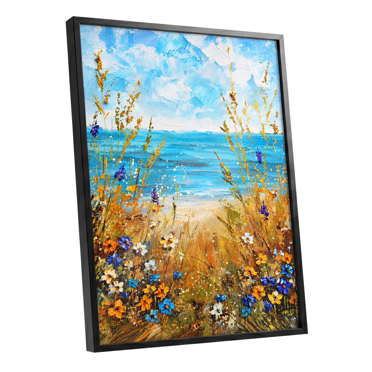 Wildflowers by the Tide, blue, gold, orange nature wall art shown as a black framed poster wall art print