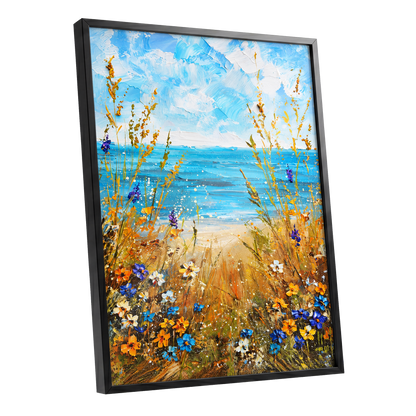 Wildflowers by the Tide, blue, gold, orange nature wall art shown as a black framed poster wall art print