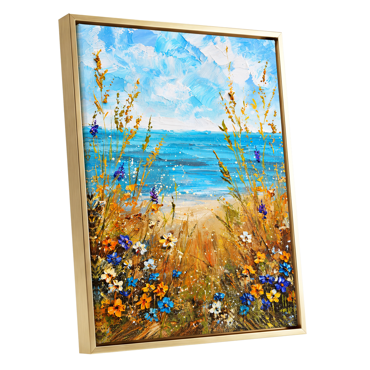 Wildflowers by the Tide, blue, gold, orange nature wall art shown as a gold framed canvas wall art