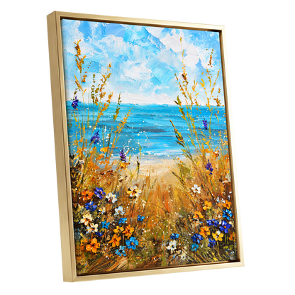 Wildflowers by the Tide, blue, gold, orange nature wall art shown as a gold framed canvas wall art