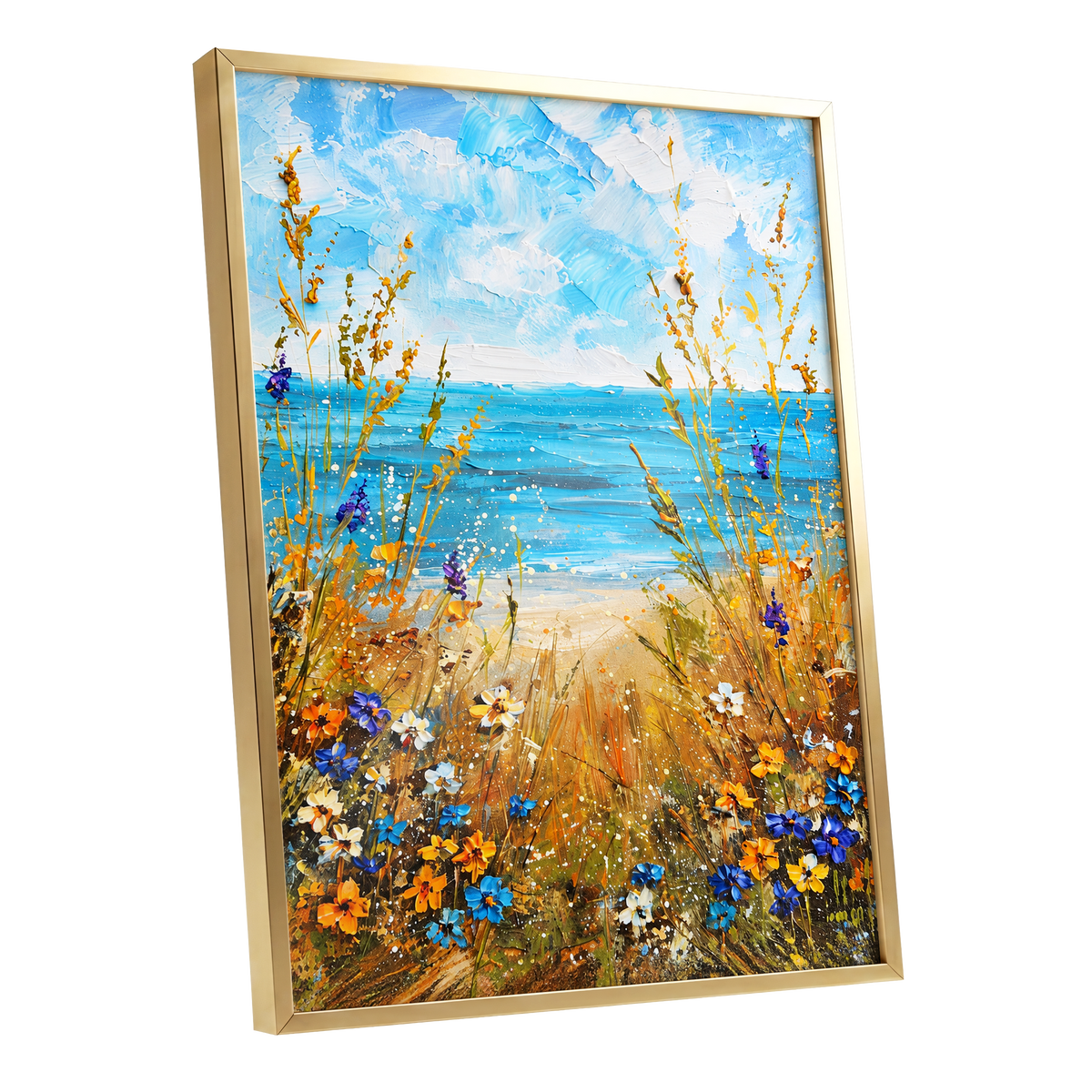 Wildflowers by the Tide, blue, gold, orange nature wall art shown as a gold framed poster wall art print