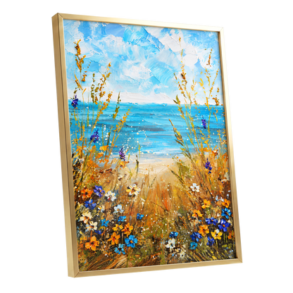 Wildflowers by the Tide, blue, gold, orange nature wall art shown as a gold framed poster wall art print