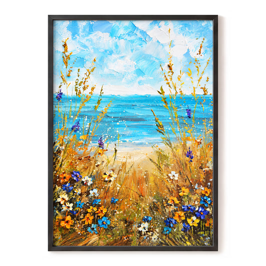 Wildflowers by the Tide, blue, gold, orange nature wall art, front artwork view