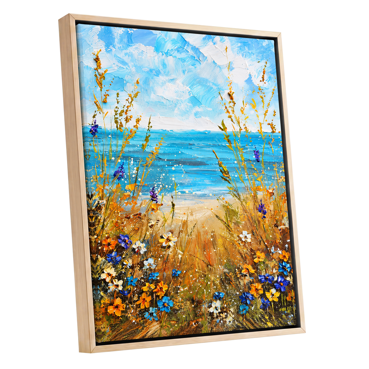Wildflowers by the Tide, blue, gold, orange nature wall art shown as a oak framed canvas wall art