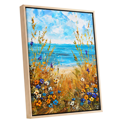 Wildflowers by the Tide, blue, gold, orange nature wall art shown as a oak framed canvas wall art