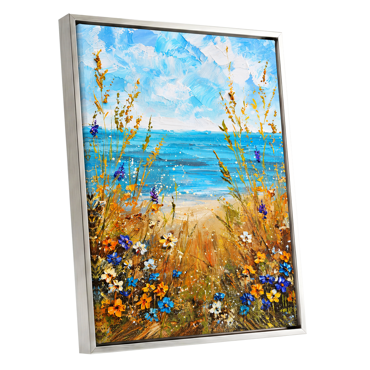 Wildflowers by the Tide, blue, gold, orange nature wall art shown as a silver framed canvas wall art